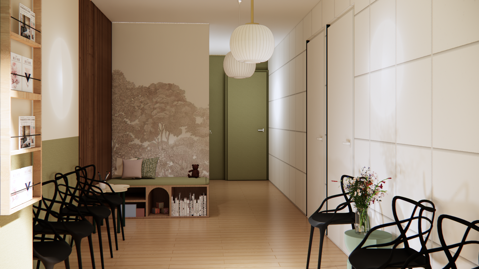 Le cabinet de médecins situé dans le 6ème arrondissement de Lyon a fait appel à Studio Céron pour rénover sa salle d'attente. Leur volonté : créer un espace chaleureux propice à la détente pouvant accueillir des enfants. Avant notre intervention, le cabinet n'avait pas d'espace d'attente pour occuper les enfants durant l'attente. Aujourd'hui, les enfants ont un espace rien que pour eux où ils peuvent passer un instant ludique et amusant. 